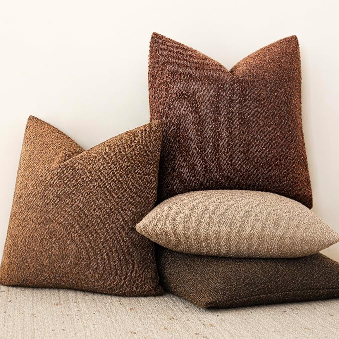 Foindtower Set of 2, Decorative Textured Boucle Throw Pillow Covers Accent Solid Pillow Cases Neutral Soft Cozy Couch Cushion Case for Chair Sofa Bedroom Living Room Home Decor 24x24 Inch Hazel Brown