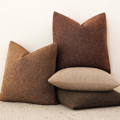 Foindtower Pack of 2, Decorative Textured Boucle Throw Pillow Covers Neutral Accent Solid Pillow Cases Cozy Soft Couch Cushion Case for Chair Sofa Bedroom Living Room Home Decor 22x22 Inch Hazel Brown