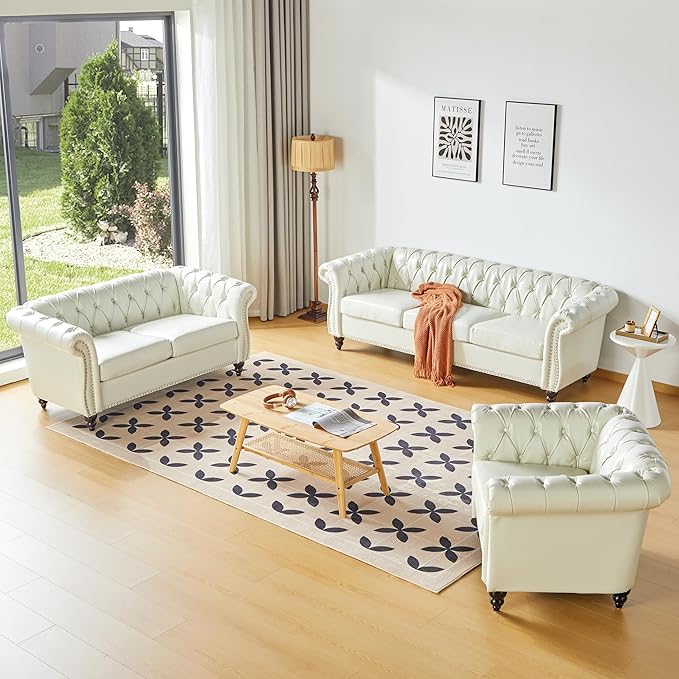 Chesterfield 3 Seater Sofa, Modern Leather Tufted Couch 3 Seater with Rolled Arms and Nailhead Mid-Century Upholstered Couch for Living Room, Bedroom, Apartment and Office, White