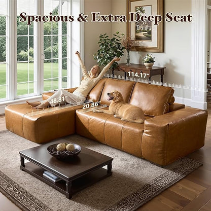 114" Boneless Couches for Living Room, Brown Faux Leather Cloud Sectional Couches with Chaise, Deep Seat L Shaped Modular Sofa, No Assembly Required Sofas in a Box (Left,Faux Leather,Brown)