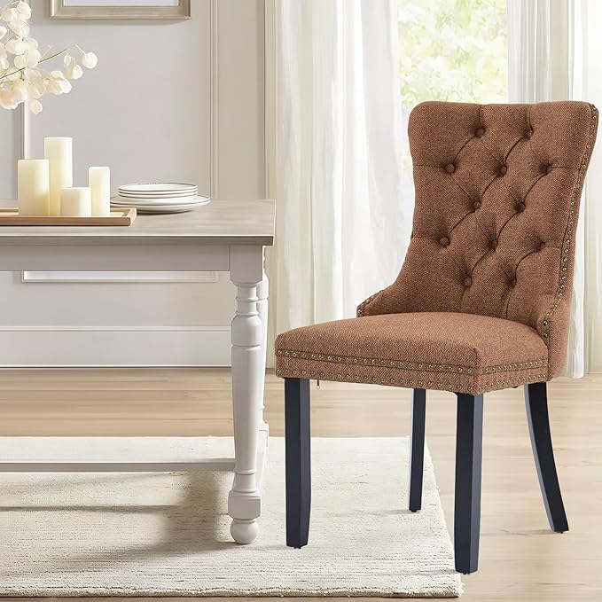 Linen Upholstered Dining Chairs Set of 8, Modern Style Kitchen Side Chairs with Nailhead Trim and Wood Leg, Metal Pulling Ring for Dining Room Living Room(Coffee,Set of 8)