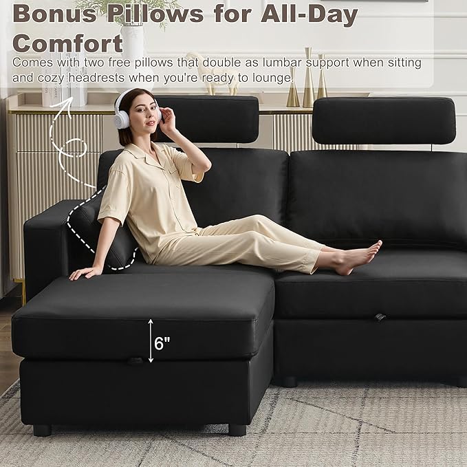 126.8" Modular Sectional Storage Sofa, Oversized Faux Leather U Shaped Couch with 2 Ottoman, Cloud Couch with Headrest & Side Pockets, Sectional Sofas for Living Room Apartment Small Spaces, Black
