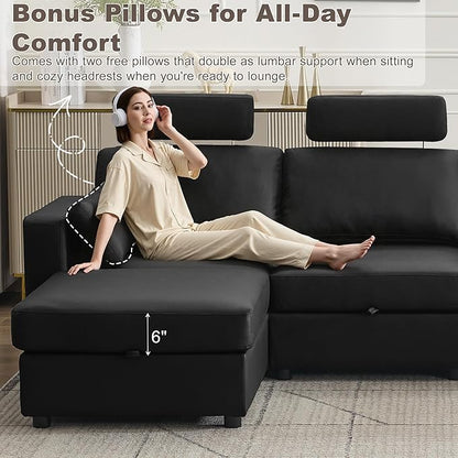 69.7" Loveseat Storage Sofa, Faux Leather Love Seat Couch with Headrest & Pocket, Modular Sectional Cloud 2 Seater Sofas for Living Room Apartment Small Spaces, Oversized Deep Seat Couches, Black