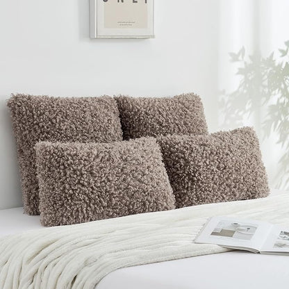 FUTEI Khaki Decorative Throw Pillow Covers 12x20 Inch Set of 2,Soft Fluffy Faux Wool Fur Boucle Textured Lumbar Pillow Case,Modern Home Decor for Couch Bed Living Room Office