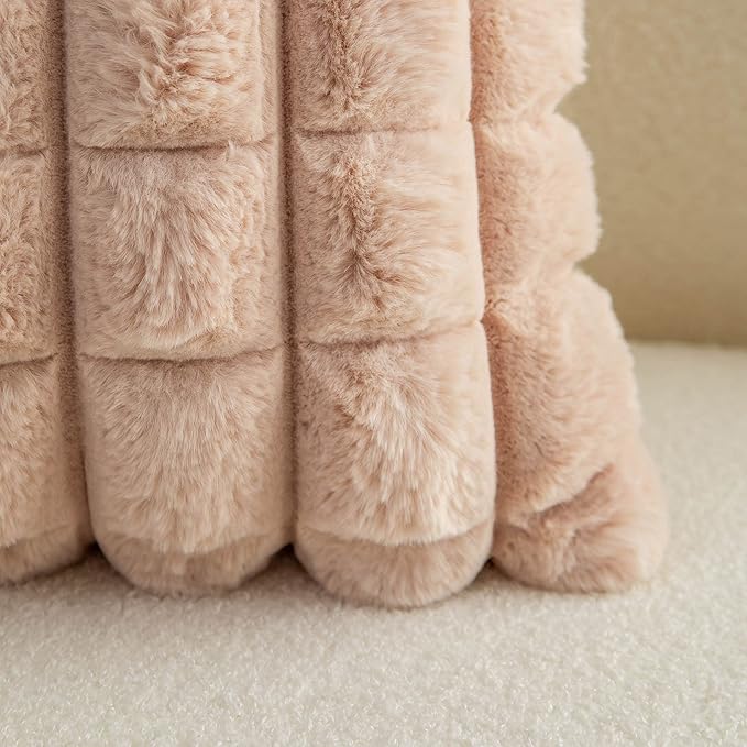 Neelvin Camel Faux Fur Cozy Soft Plaid Decorative Throw Pillow Covers 22x22 inch Set of 2,Velvet Pillowcase Cushion Case for Sofa Couch