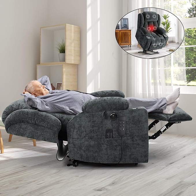 ABCASA Large Dual Motor Lay Flat Power Lift Recliner Chair for Elderly with Heat ＆ Massage, Comfortable Chenille Recliner, Cup Holder, Side Pocket,USB-A ＆ C Ports, Gray Blue