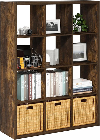 Furinno Cubicle Book Shelf, 12-Cube Thick Frame Bookshelf, Reversible Bookcase with Open Back, 14.6 x 43.8 x 58, for Living Room, Bedroom, Home Office, Amber Pine