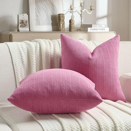 FUTEI Hot Pink Chenille Throw Pillow Covers 22x22 Inch Set of 2,Soft Striped & Diamond Textured Cushion Cases,Modern Home Decor for Couch Living Room