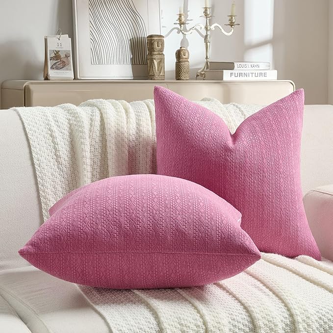 FUTEI Hot Pink Chenille Throw Pillow Covers 26x26 Inch Set of 2,Soft Striped & Diamond Textured Euro Pillow Shams,Modern Home Decor for Couch Living Room