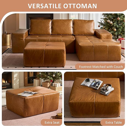 37.8" Faux Leather Ottoman for Couch, Memory Foam Cloud Boneless Sectional Couch for Living Room Foot Stools No Assembly Require (Faux Leather,Brown)
