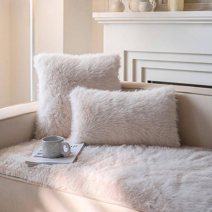 Neelvin Beige Faux Fur Cozy Fluffy Double-Sided Decorative Throw Pillow Covers 16x16 inch Set of 2,Velvet Pillowcase Cushion Case for Sofa Couch