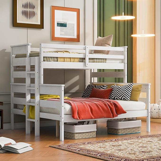 Solid Wood Twin XL Over Queen Bunk Bed with Ladder and Slat Support,Bedroom Detachable Bed Frame w/Easy Assembly & No Box Spring Required,for Kid Adult Boy Girl Teen,White