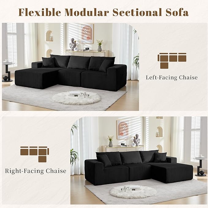 107" Cloud Sectional Couch, Modular Sectional Sofa with L-Shape Chaise, Corduroy Boneless Couch with Deep Seat, Upholstered Sofa for Living Room, No Assembly Required(Right-Facing Chaise, Black)