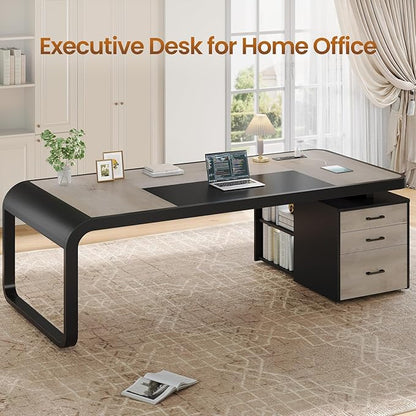 Itaar 70.9" Executive Desk, Large Computer Desk with Drawers and Lateral File Cabinet, Office Desk with Removable Shelves, Business Furniture Desk Workstation for Home Office, Gray