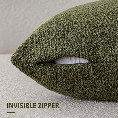 Foindtower Set of 2, Decorative Textured Boucle Throw Pillow Covers Accent Solid Pillow Cases Neutral Soft Cozy Couch Cushion Case for Chair Sofa Bedroom Living Room Home Decor 24x24 Inch Moss Green