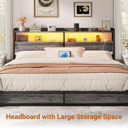 Aheaplus Headboard for King Size Bed Frame, Headboards with Outlets, USB Ports and LED Light, Head Board with Storage, Height Adjustable, Sturdy and Stable Headboard, King Size, Black Oak