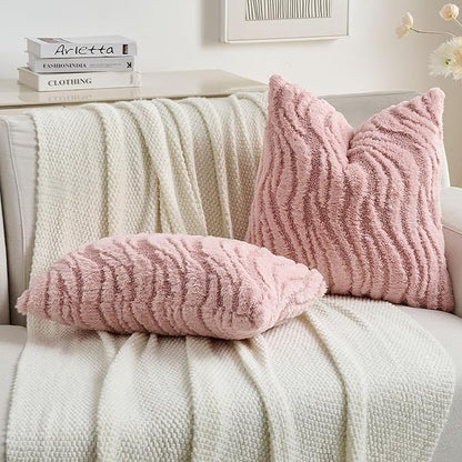 FUTEI Pink Decorative Throw Pillow Covers 18x18 Inch Set of 2,Soft Faux Fur Geometric Shapes Texture Cushion Case,Boho Home Decor for Couch Bed Living Room