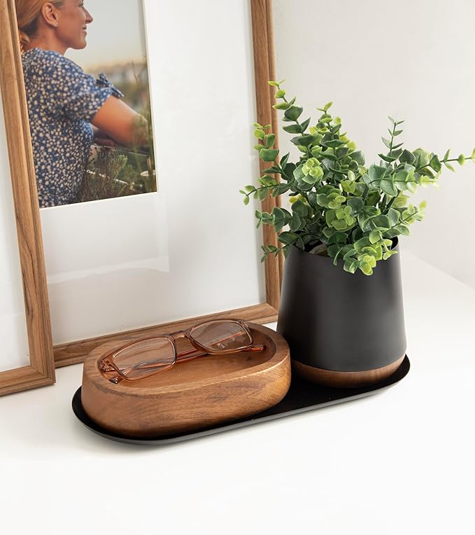 Kate and Laurel Koni Modern Three-Piece Tabletop Organization Set, 12 x 6 x 5, Walnut Brown and Black, Wood and Metal Organizational Set for Home Office or Entryway Decor