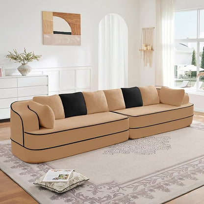 Cloud Sectional Sofa Modern Boneless Couch for Living Room, Comfy Deep Seat Comfy Teddy Fabric Double Sofa Chaise No Assembly Required (Camel, 135"- 4 Seater)