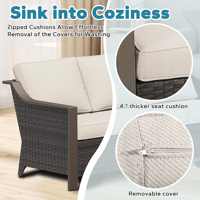 Patio Metal Swivel Chairs Set of 2, Wicker Conversation Furniture Set, Upholstered & 360 Degree Glider Rockers Armchairs, PE Rattan, Metal armrests, Terrace (Beige and Brown Stripe)