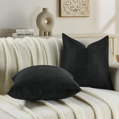 FUTEI Black Chenille Throw Pillow Covers 22x22 Inch Set of 2,Soft Wide Chevron Textured Cushion Case,Farmhouse Home Decor for Couch Bed Living Room