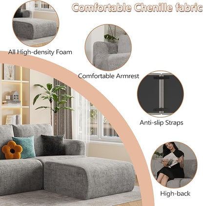EASE MOOSE Boneless Modular Cloud Couch, Oversized L-Shaped Sectional Sofa for Living Room, Extra Large Movable Couches, 6-Deep-Seat Movable Sofas for Bedroom, Apartment, Chenille (Light Grey)
