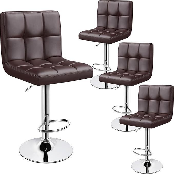 Yaheetech Bar Stools Set of 4 - Modern Adjustable Kitchen Island Chairs Counter Height Barstools Swivel PU Leather Chair 30 inches,X-Large Base and Seat, Brown