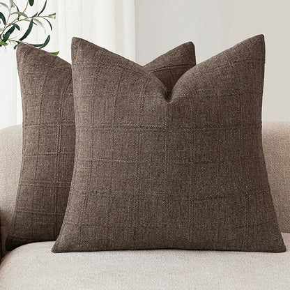 Foindtower Set of 2 Decorative Linen Check Throw Pillow Covers Neutral Farmhouse Vintage Cushion Covers Modern Boho Home Decor for Sofa Chair Couch Bedroom Living Room,20×20 Inch,Dark Brown