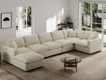 Modern Sectional Linen Couch for Living Room V-Shape Sofas,7 Seat Modular Cloud Sofas,Couches Cushion Covers Removable,Cozy Feather Down Sofa for Apartment Beige