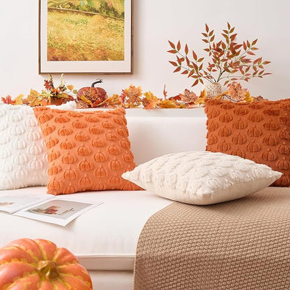 Kevin Textile Fall Pumpkins Pillow Covers 18x18 Inch Set of 2 Cute Autumn Decorative Square Pillowcases Soft Faux Fur Cushions Harvest Gift for Couch Sofa Chair Bedroom Home Decor, Rust