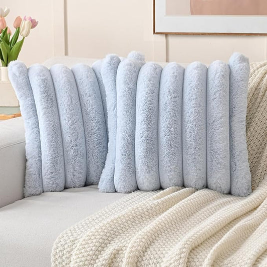 FUTEI Light Blue Decorative Throw Pillow Covers 24x24 Inch Set of 2, Square Soft Faux Rabbit Fur Thick Striped European Cushion Covers,Winter Home Decor for Couch Bed Living Room