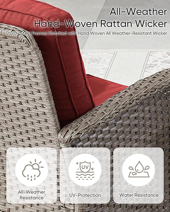 HUMMUH 7 Pieces Wicker Patio Conversation Set Outdoor Glider Loveseat with Patio Swivel Rocking Chairs Outdoor Patio Set for Deck Lawn Porch Balcony Poolside-Grey/Red