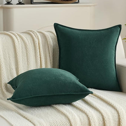 FUTEI Christmas Dark Green Chenille Throw Pillow Covers 20x20 Inch Set of 2,Edges Double-Stitched Cushion Cases,Modern Home Decor for Couch Living Room