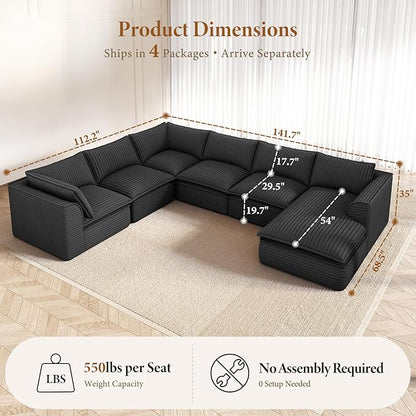 Vesgantti 141.7" Oversized Sectional Boneless Couch, Modern 7 Seater Modular Sofa with Chaise, Deep Seat Convertible Plush Corduroy Cloud Couches for Living Room, No Assembly Required, Dark Gray