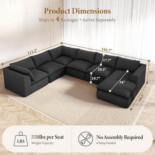 Vesgantti 141.7" Oversized Sectional Boneless Couch, Modern 7 Seater Modular Sofa with Chaise, Deep Seat Convertible Plush Corduroy Cloud Couches for Living Room, No Assembly Required, Dark Gray