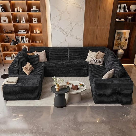 Cloud Sectional Couch with Loveseat, Boneless U-Shaped Cloud Couch with Deep Seat, Soft Plush Modern Minimalist Sofa, Assembly Free Modular Floor Sofa for Office Living Room Apartment, Black