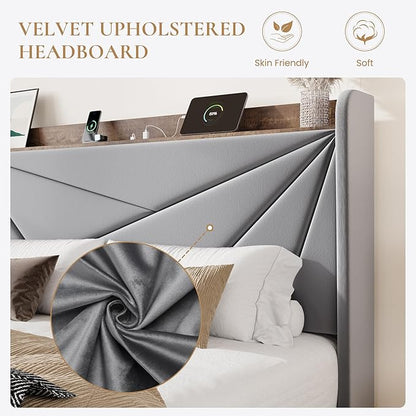 SHA CERLIN Queen Bed Frame with 3 Drawers, USB & Type-C Charging Ports, Velvet Upholstered Platform Bed with Modern Geometric Wingback Storage Headboard, No Box Spring Needed, Easy Assembly, Grey