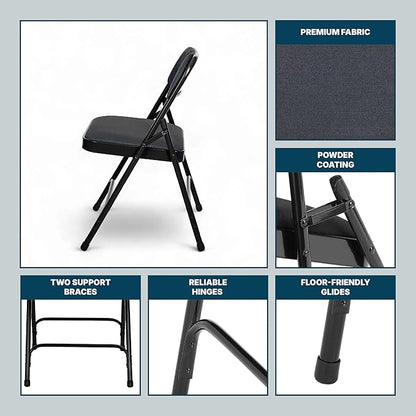 OEF Furnishings OEF2200 Series Heavy-Duty Premium Fabric Padded Upholstery Double-Hinged Folding Chairs (4-Pack, Classic Black)