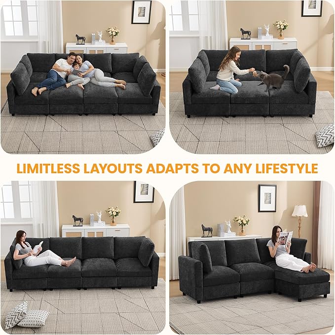 Modular Sectional Cloud Sofa Bed, 8-Seater Convertible Sofa Couch with Ottoman, Modern Deep Seat Sleeper Sofa for Living Room, Chenille Dark Grey