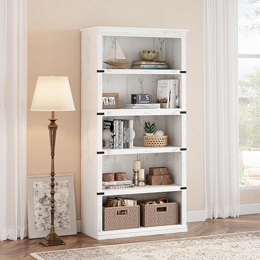 IDEALHOUSE 5 Tier Bookcase, Farmhouse Book Shelf with Storage, Tall Book Case Wooden 5 Shelf Bookcase for Home Office, Living Room, Bed Room (White, 67.4" H x 31.5" W x 12.8" D)