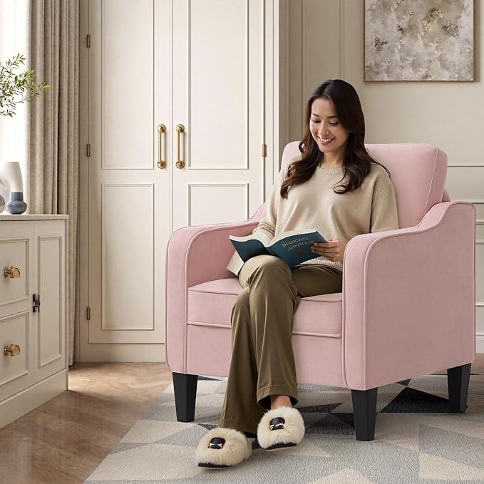 Accent Chair for Living Room, Mid Century Modern Reading Chair for Bedroom, Upholstered Armchair with Side Pockets, Comfy Single Sofa Side Chair for Office, Apartment, Small Room, Pink