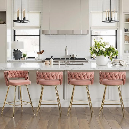 VECELO Bar Stools Set of 4, Counter Height Bar Stools, 26 inch Seat Barstools with Woven Back and Footrest for Kitchen Island Counter, Pink