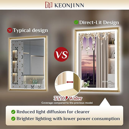 Keonjinn 30 x 36 Inch Gold LED Mirror for Bathroom, Frontlit & Backlit Framed Mirror with Stepless Dimmable Tricolors, Anti-Fog, UL-Listed LED Driver, Brighter and No Dark Corner