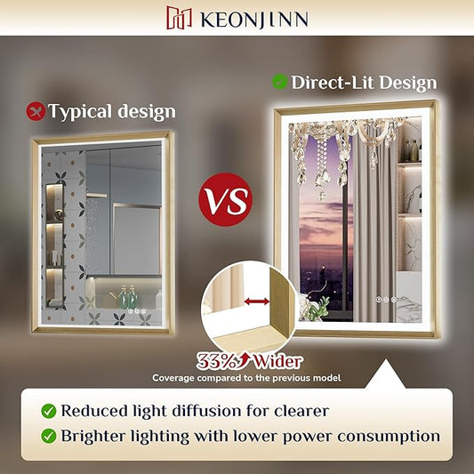 Keonjinn 55” x 36” LED Bathroom Mirror with Frontlit & Backlit, Gold Metal Framed Lighted Mirror with Stepless Dimmable 3-Color Temperatures, Anti Fog, UL-Listed Driver, No Dark Corner