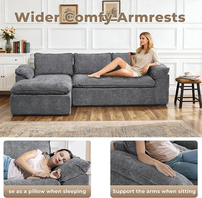 Modular Sectional Sofa, 107.5" L-Shaped Boneless Couch with Deep Seat, Modern Minimalist Upholstered Cloud Sectional Couch for Living Room Bedroom, No Assembly Required, Dark Gray Chenille