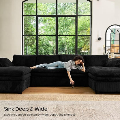 Belffin Large Modular Sectional Sofa with Double Deep Chaise, 104" Corduroy U Shaped Couch with 9" Soft Dual-Layer Seats Cushion Sectional Couches for Living Room, Apartment, Black