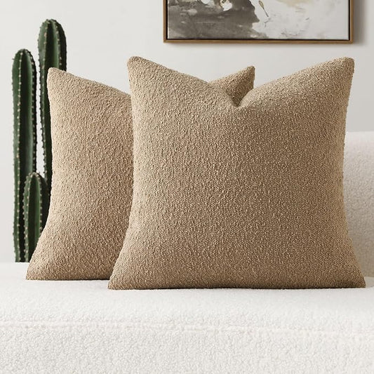 FUTEI Pack of 2 Khaki Decorative Throw Pillow Covers 24x24 Inch Soft Cozy Solid Boucle Textured European Cushion Case,Modern Home Decor for Couch Bed Living Room