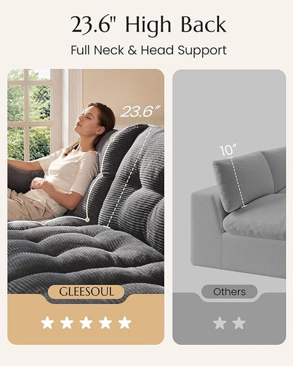 High Back Boneless Couch, Loveseat Cloud Couch with Versatile 2-Pack Pillow Blankets, Corduroy Modular Sectional Sofa, No Assemble Sectional Couches for Living Room, Dark Grey