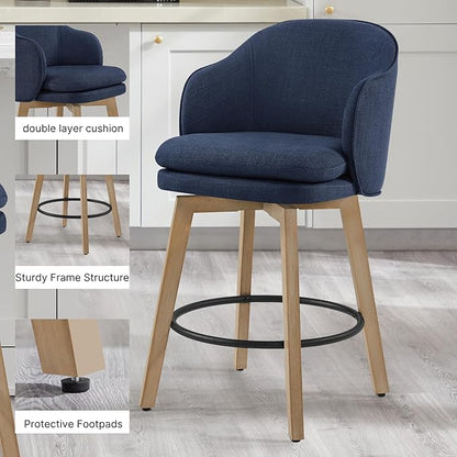 Counter Height Barstools 26 inch Upholstered Swivel Bar Stools with Back and Wood Legs for Kitchen Island,Set of 3,Blue Fabric