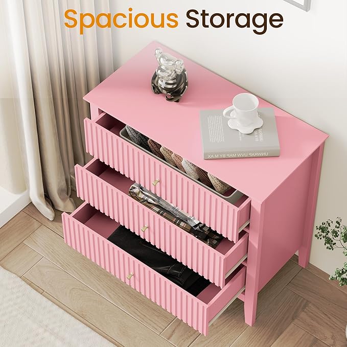 RoyalCraft Fluted 32 inch Wide Nightstand Set of 2, Large Pink Nightstand with 3 Drawer, Modern End Table, Wood Beside Table for Home and Office